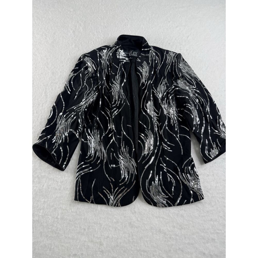 Alex Evenings Women’s Black Silver Sequin Geometric Jacket Size M Pre-Owned